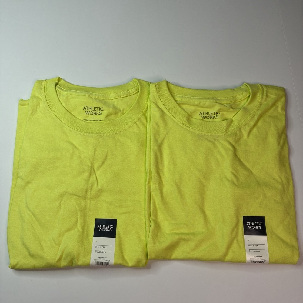 2 Athletic Works T-Shirts Men's Size L Cotton Lime Tee Short Sleeves Loose Fit